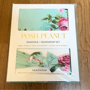 NIB Posh Peanut Newborn Infant Swaddle Headwrap Set Aqua Floral Bamboo Viscose